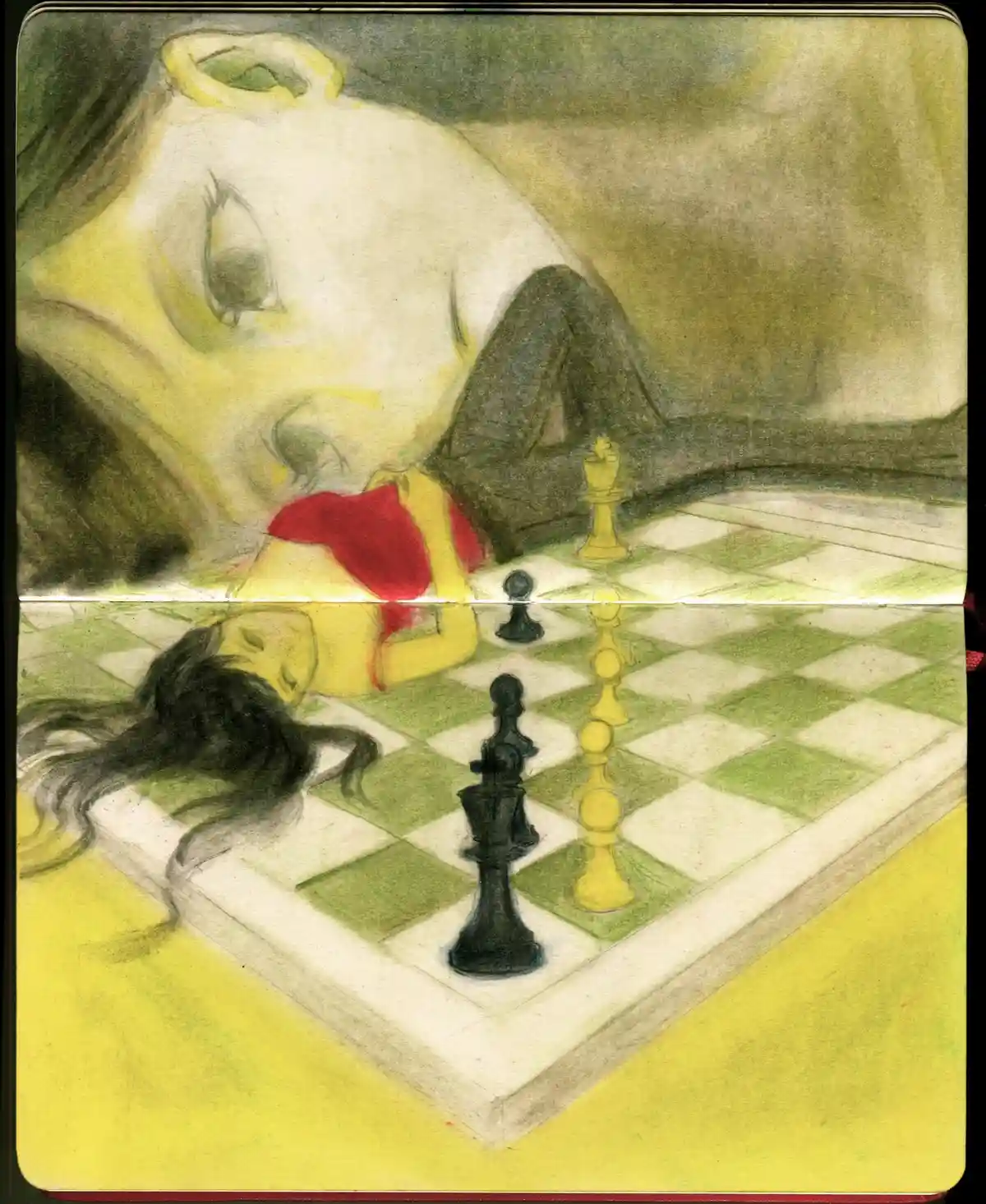 A surreal drawing shows a person with a halo lying on a chessboard, appearing defeated or asleep, while chess pieces are…