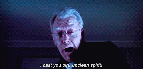 A GIF strip shows a man in a dark suit and glasses, repeatedly shouting the phrase 'I cast you out, unclean spirit!' with…
