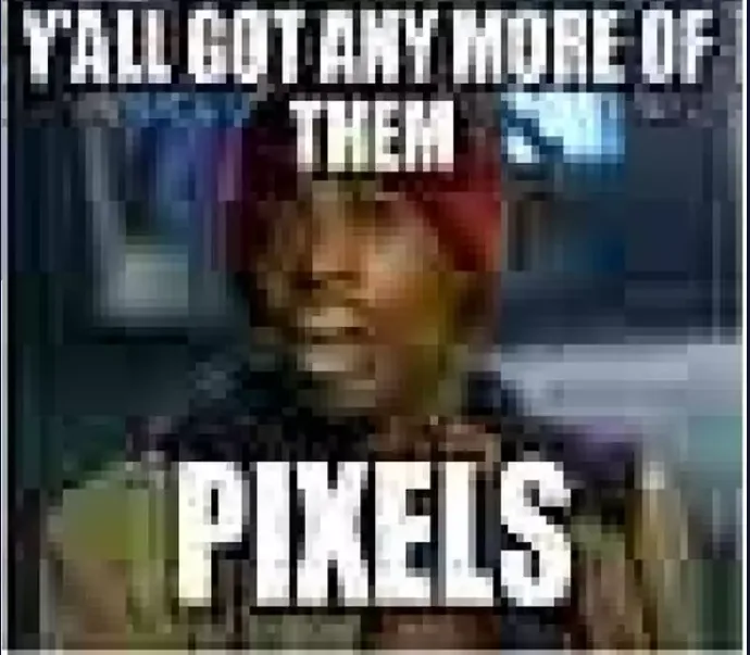 A heavily pixelated image of a person wearing a red hat, with bold white text overlaid at the top reading 'Y'ALL GOT ANY…