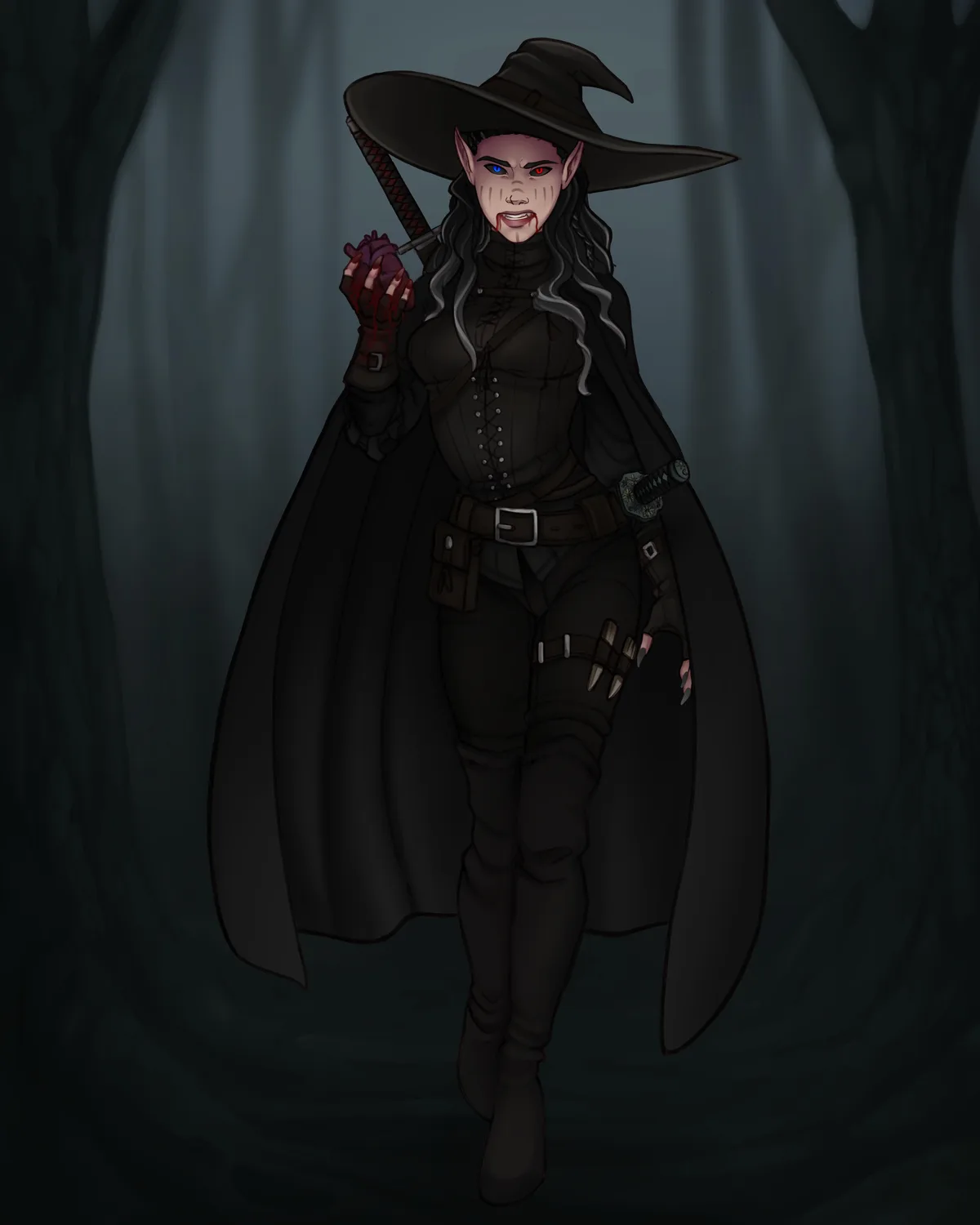 A dark fantasy illustration shows a female elf-like witch with heterochromatic eyes (one blue, one red), wearing a black…