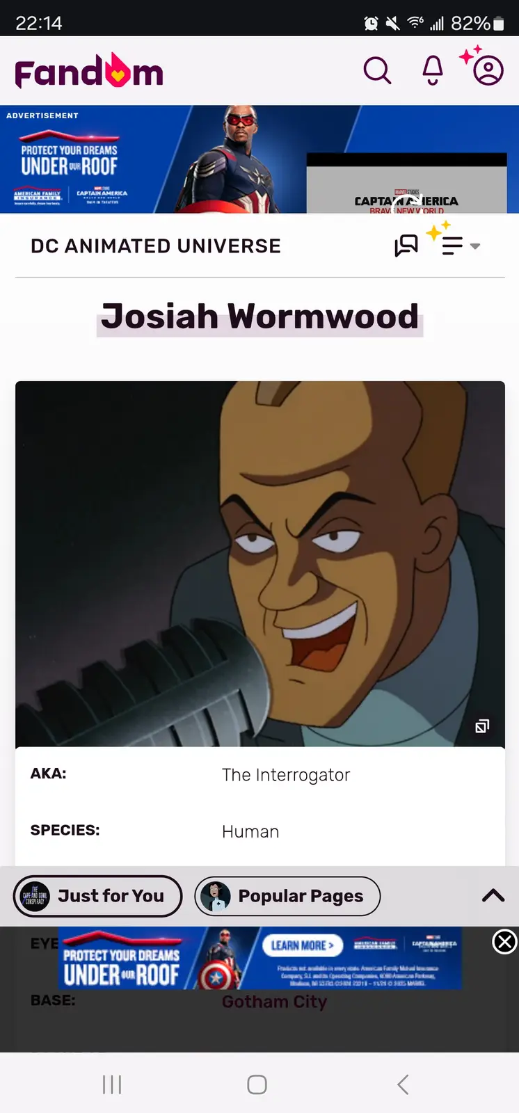 A screenshot of a Fandom wiki page for the animated character Josiah Wormwood, also known as The Interrogator, from the DC…