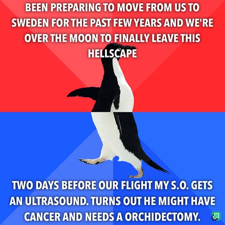 A penguin stands in the center of the image, split by a red and blue background. The top text reads 'BEEN PREPARING TO MOVE…