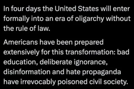 A black background with white text displays a doomsday prediction about the United States entering an oligarchy without the…