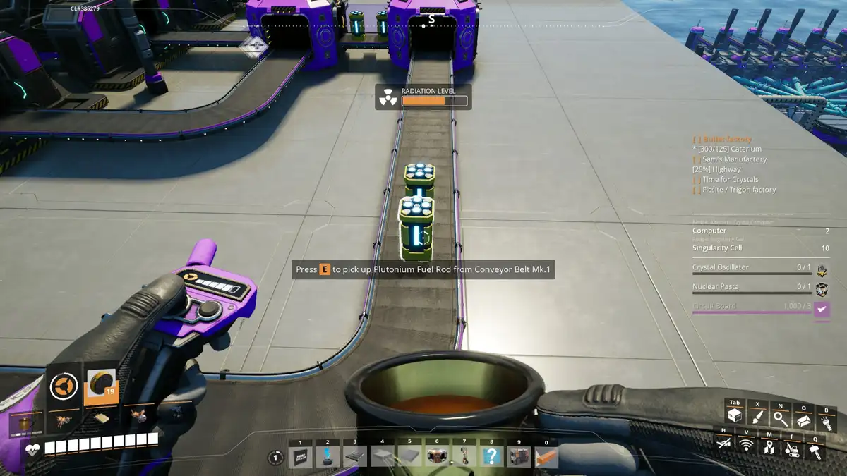 A first-person view from the game 'Outer Wilds' shows a player's gloved hand holding a purple tool, with a conveyor belt in…