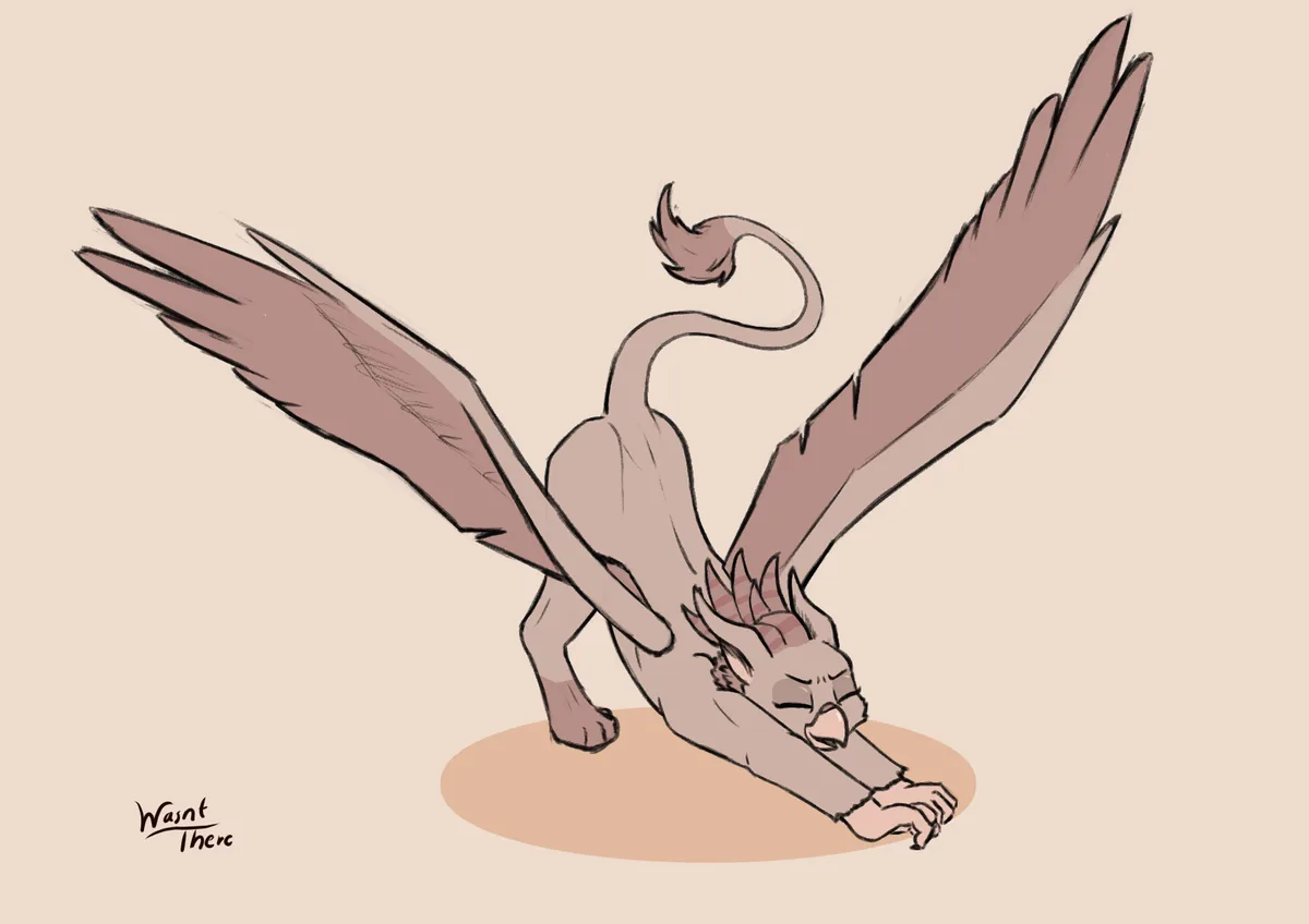 A cartoon griffin with brown wings and tail is stretched out on the ground, eyes closed in a relaxed pose, with the text…