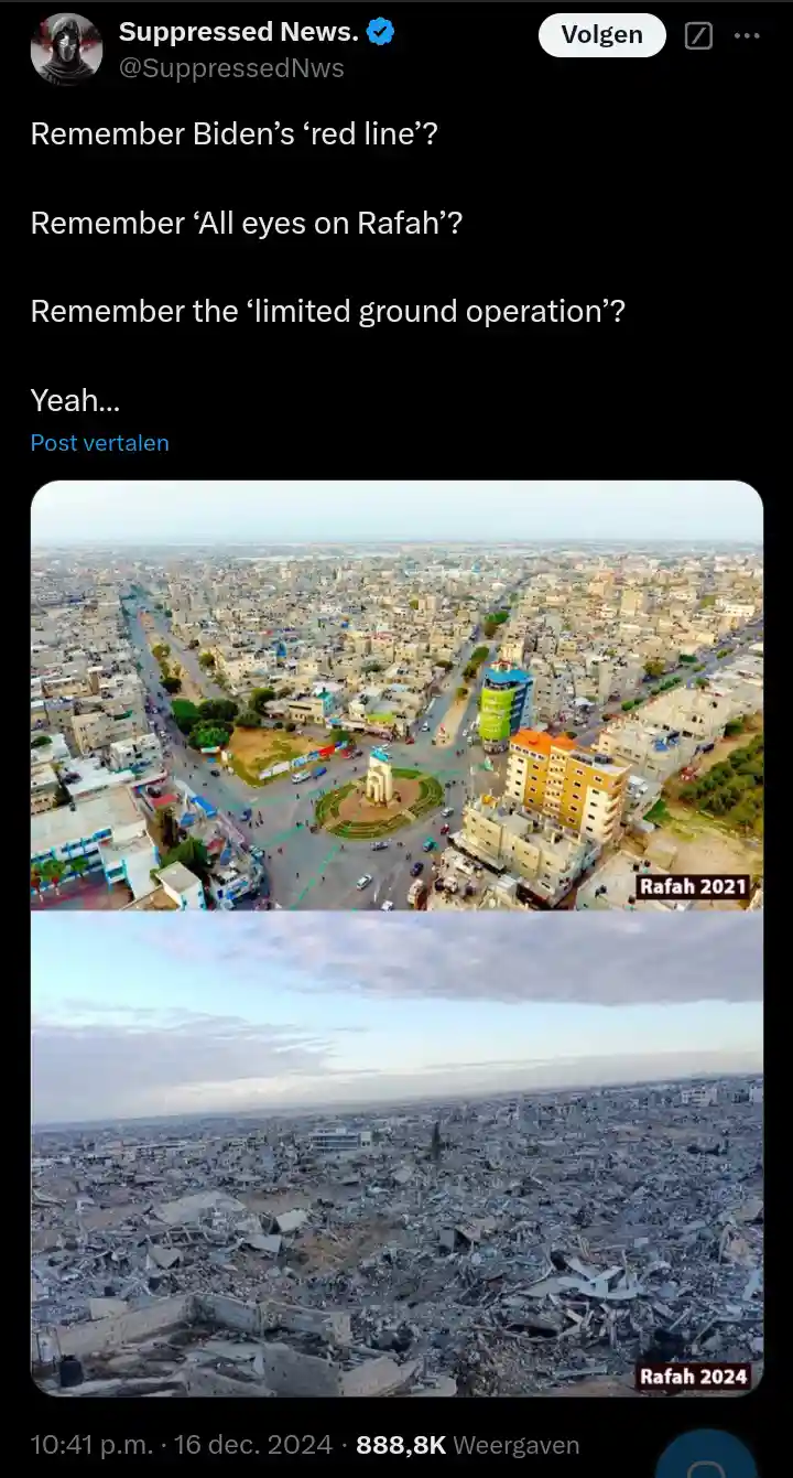 The image displays two aerial photos of Rafah, Gaza. The top photo, labeled 'Rafah 2021', shows a city with intact buildings…