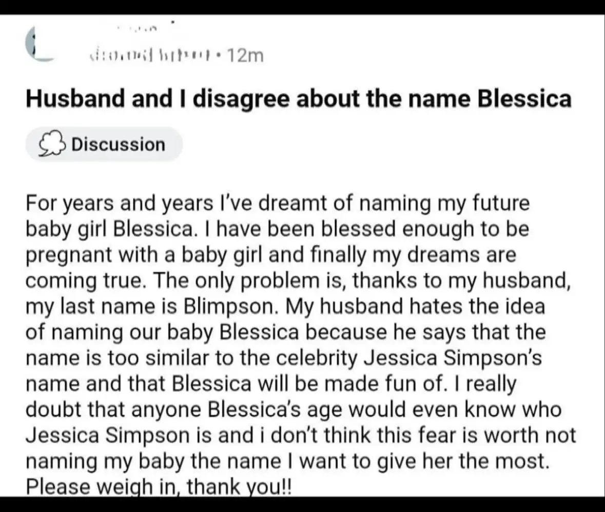 A screenshot of a Reddit discussion post where a user shares that she wants to name her baby girl Blessica but her husband…