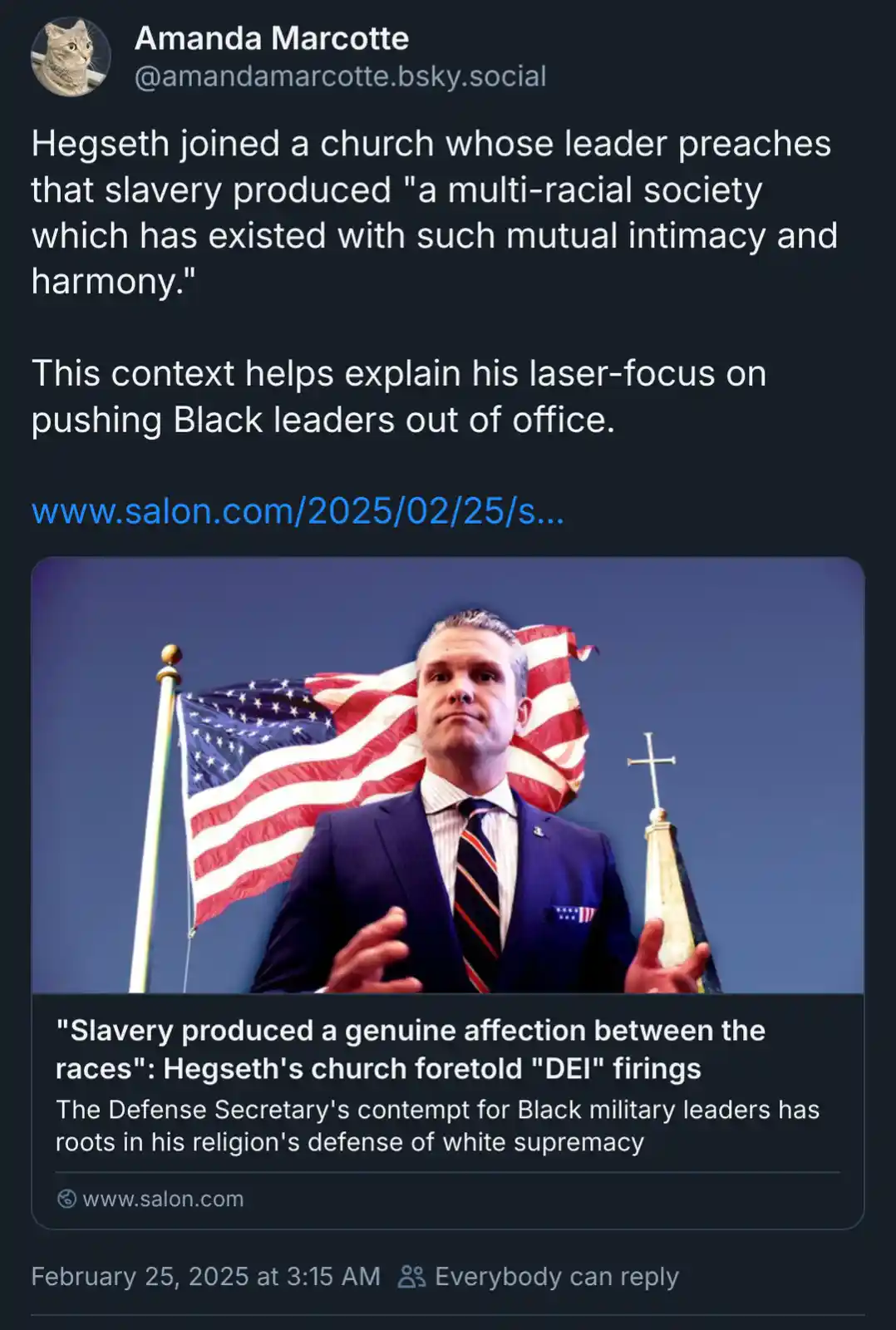 A man in a suit stands in front of an American flag and a church steeple, with overlaid text quoting his church's belief…