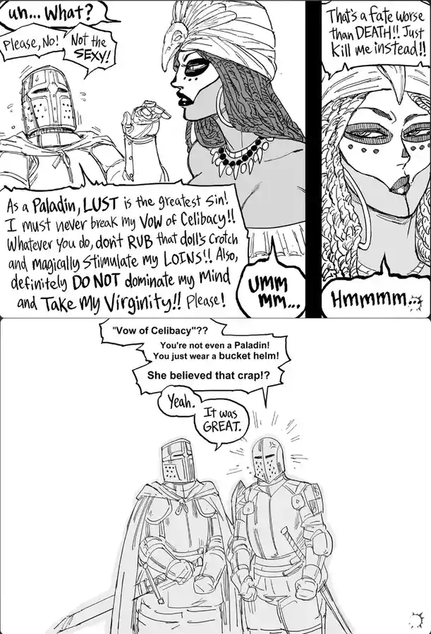 A black-and-white comic strip depicts a fantasy scene where a heavily armored knight, wearing a bucket helmet, pleads with a…