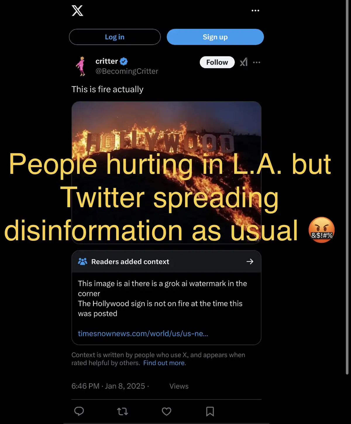 A screenshot of an X (Twitter) post by user 'critter' shows a manipulated image of the Hollywood sign engulfed in flames…