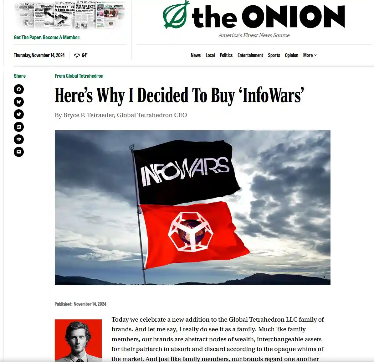 A screenshot of a satirical The Onion article titled 'Here's Why I Decided To Buy 'InfoWars'', featuring a photo of two…