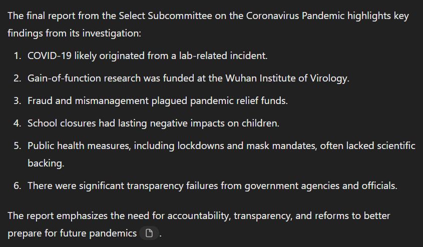 A black background with white text presents a fictional 'final report' from a 'Select Subcommittee on the Coronavirus…
