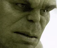 Six panels show the Hulk's face progressively changing from a neutral expression to a wide, toothy grin. The overlaid text…