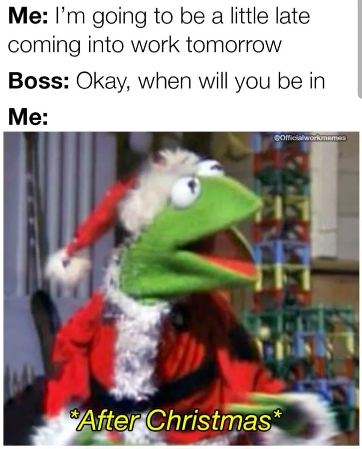 A green frog puppet wearing a red and white Santa hat and suit is shown with a wide, surprised expression. The image has…
