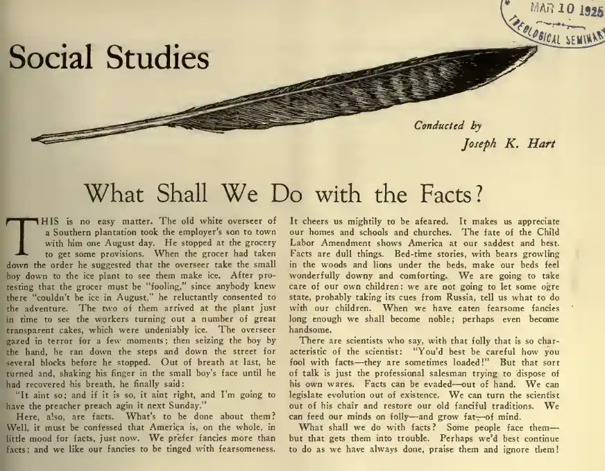 An old newspaper clipping titled 'Social Studies' from March 10, 1925, features an article by Joseph K. Hart titled 'What…