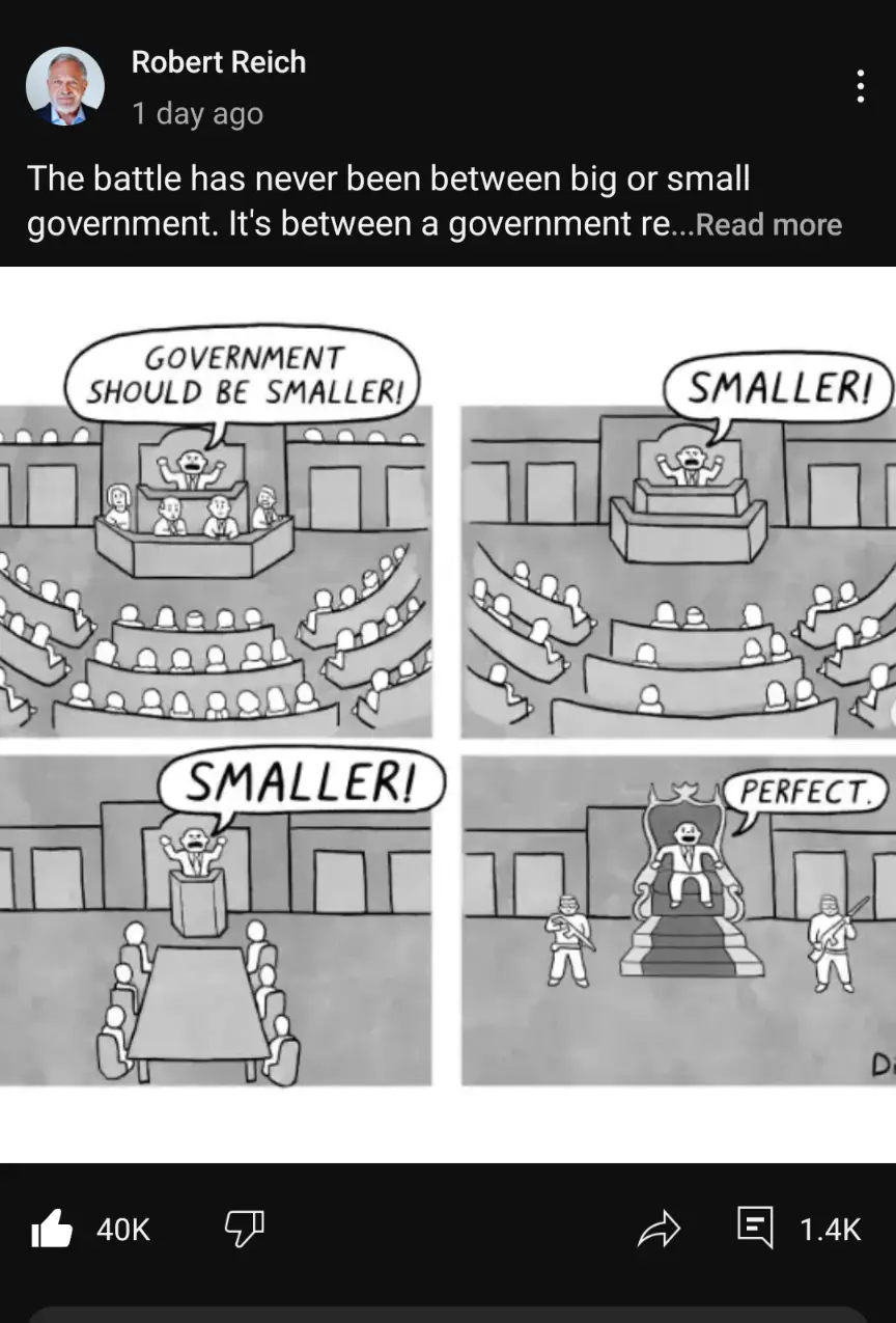 A four-panel black-and-white cartoon shows a politician shouting 'GOVERNMENT SHOULD BE SMALLER!' in a legislative chamber…