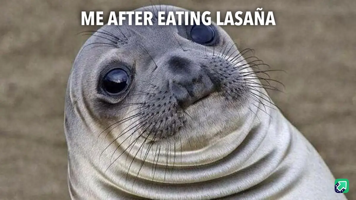 A close-up photo of a seal with large, innocent eyes and a slightly smug or satisfied expression, overlaid with the text 'ME…