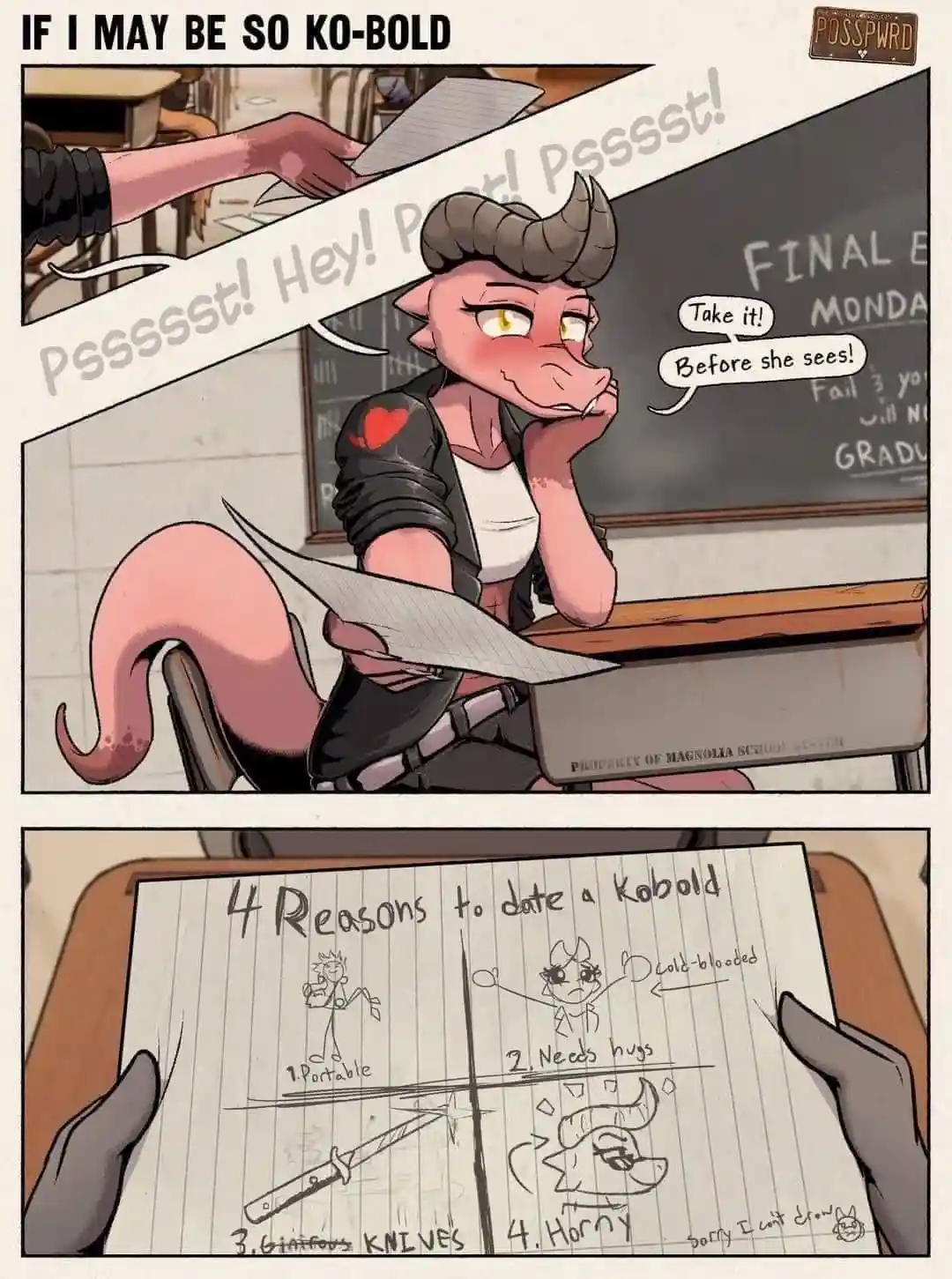A pink kobold girl in a classroom receives a note from a classmate whispering 'Psssssst! Hey! Pssssst! Pssssst!' She says…
