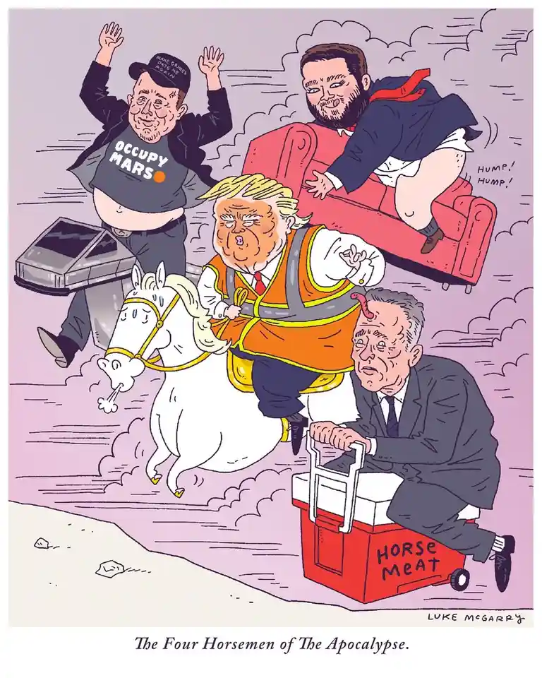A cartoon depicts four caricatured figures representing modern political and cultural forces: Elon Musk riding a white horse…