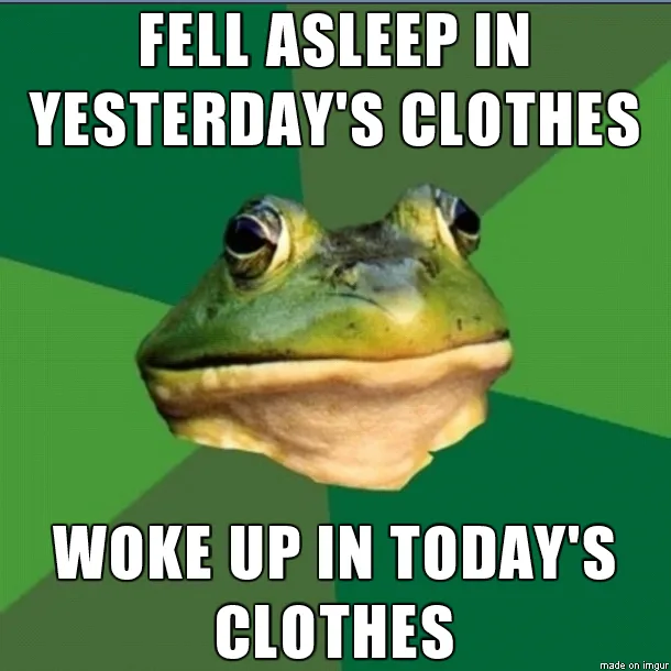 A green frog with a smug, slightly confused expression is centered against a green geometric background. The text above the…