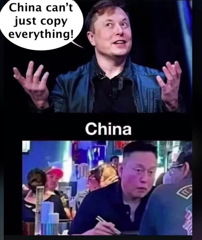 The top panel shows Elon Musk gesturing emphatically with both hands while speaking, with a speech bubble reading 'China…