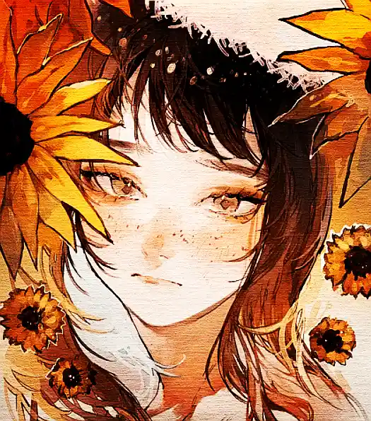 An anime-style illustration of a young woman with dark hair and freckles, surrounded by sunflowers, with a slightly…