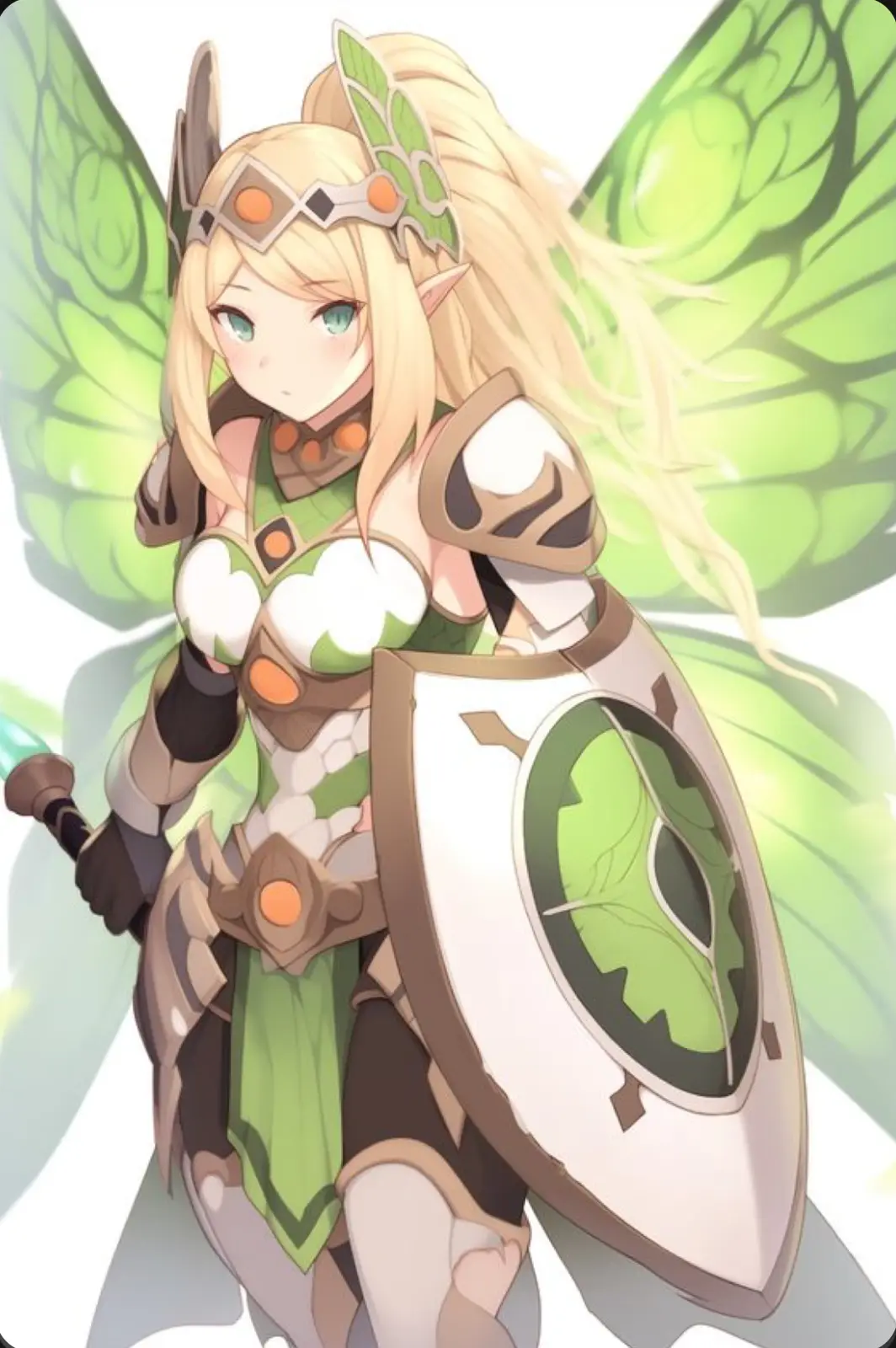 A blonde anime-style female warrior with large green leaf-like wings, wearing green and white armor with leaf motifs…