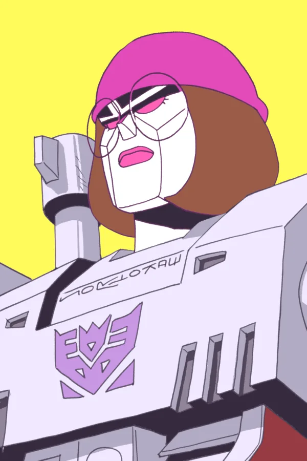 A stylized, anime-inspired illustration of a female Transformer with brown hair, a pink beanie, and pink-rimmed glasses…