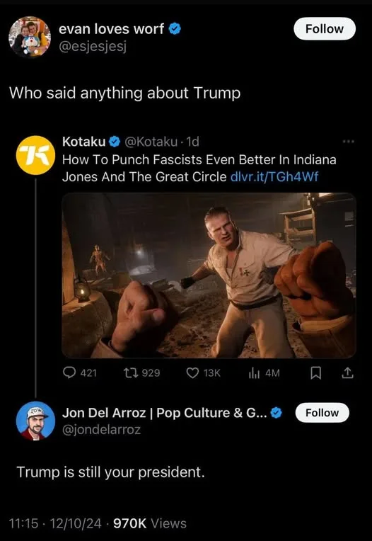 A screenshot of a Twitter thread shows a Kotaku tweet with a video game image of Indiana Jones punching a fist, overlaid…