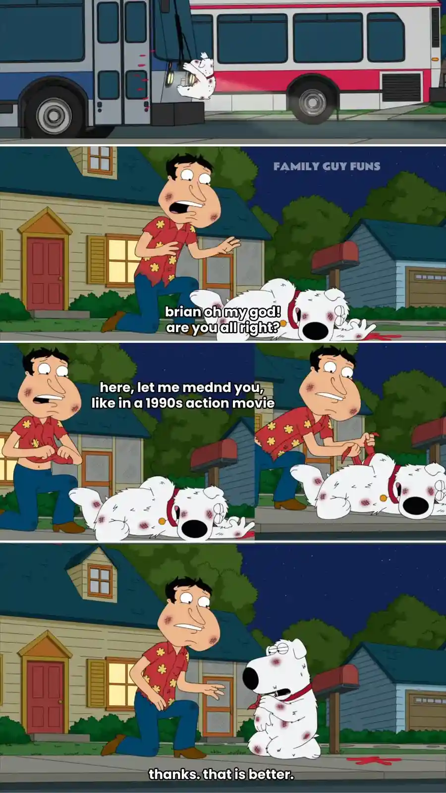 A four-panel comic strip from 'Family Guy' shows Brian the dog being hit by a bus and then being treated by Peter Griffin…