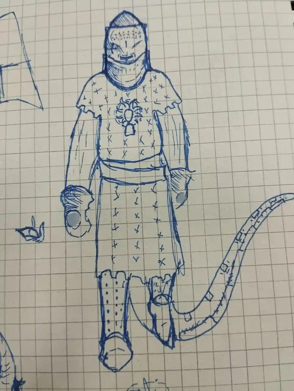A blue ink sketch on graph paper depicts a knight in full armor, including a helmet and chainmail, but with a long, curved…