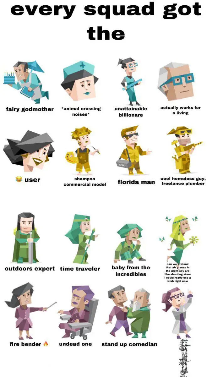 A grid of 16 low-poly cartoon characters, each labeled with a humorous or absurd role like 'fairy godmother', 'animal…
