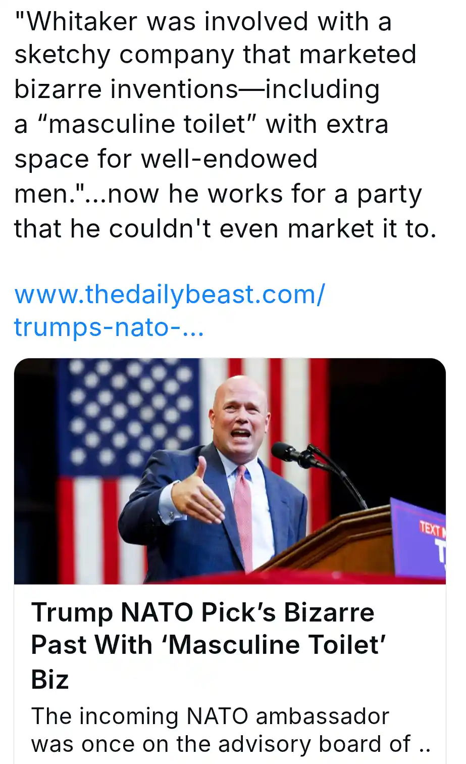 A photo of a bald man in a suit speaking at a podium with an American flag behind him. Overlaid text quotes a news article…