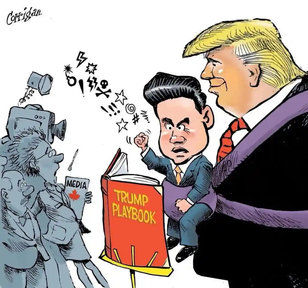 A cartoon depicts a caricature of Donald Trump looming over a smaller, angry man holding a red book titled 'TRUMP PLAYBOOK'…