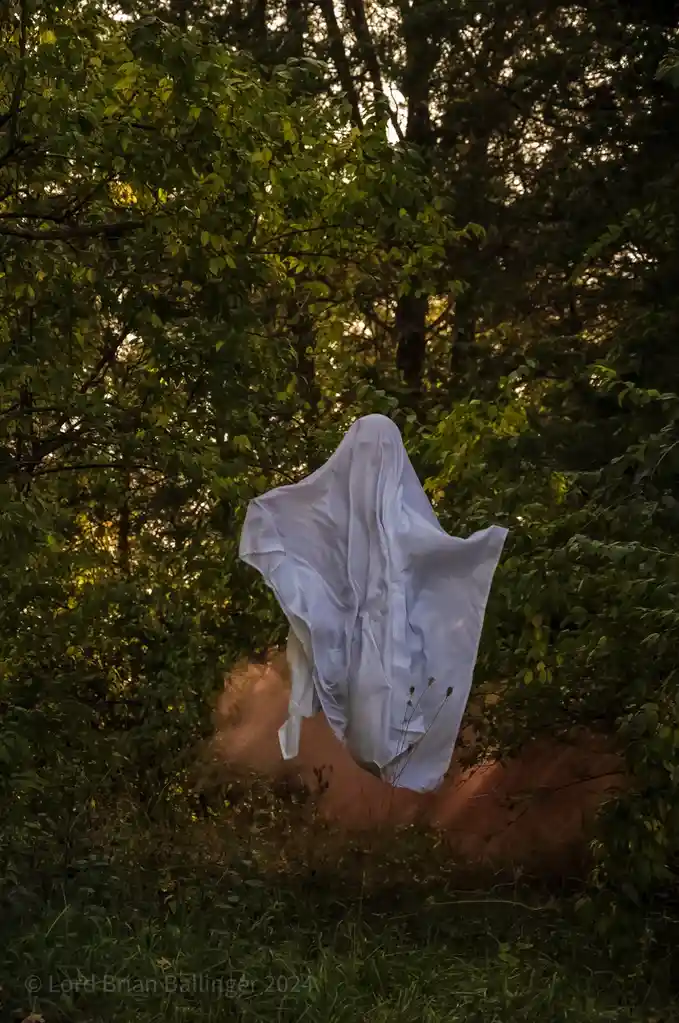 A white sheet is draped over a person standing in a wooded area, creating the illusion of a ghost. The sheet has a vaguely…