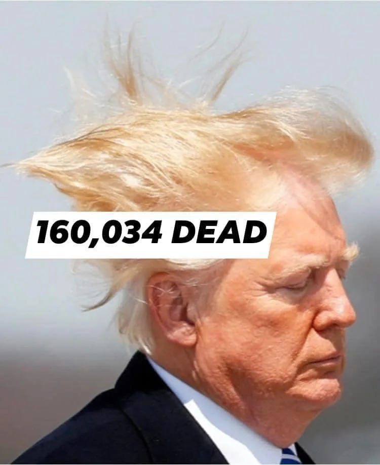 A close-up photo of Donald Trump in profile, wearing a dark suit and tie, with his signature blonde hair dramatically blown…