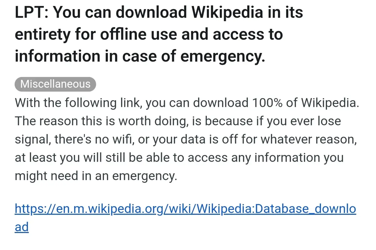 The image displays a screenshot of a 'Life Pro Tip' (LPT) post, which advises downloading Wikipedia for offline use as an…