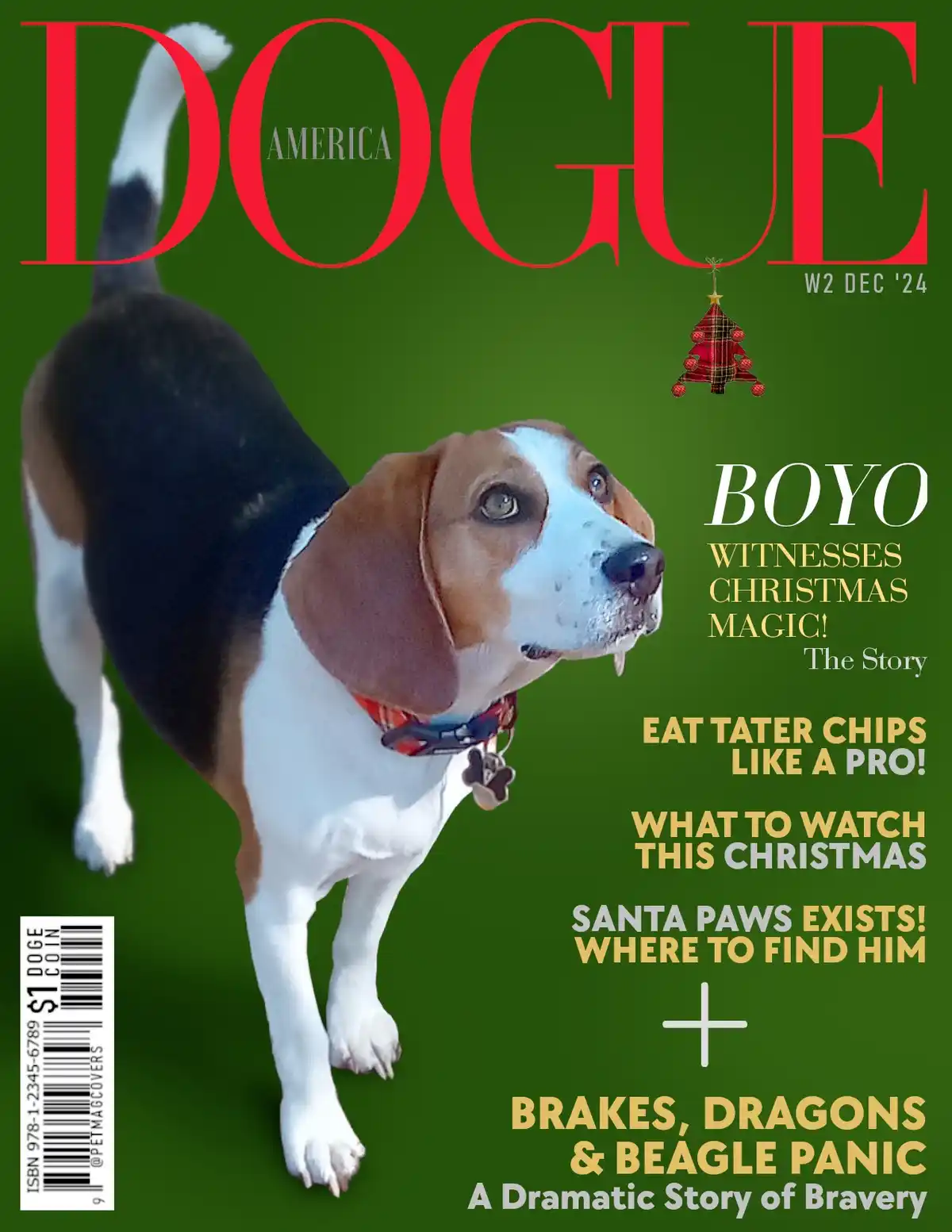 A beagle dog is featured on a parody magazine cover styled like Vogue America, with a green background and red title. The…