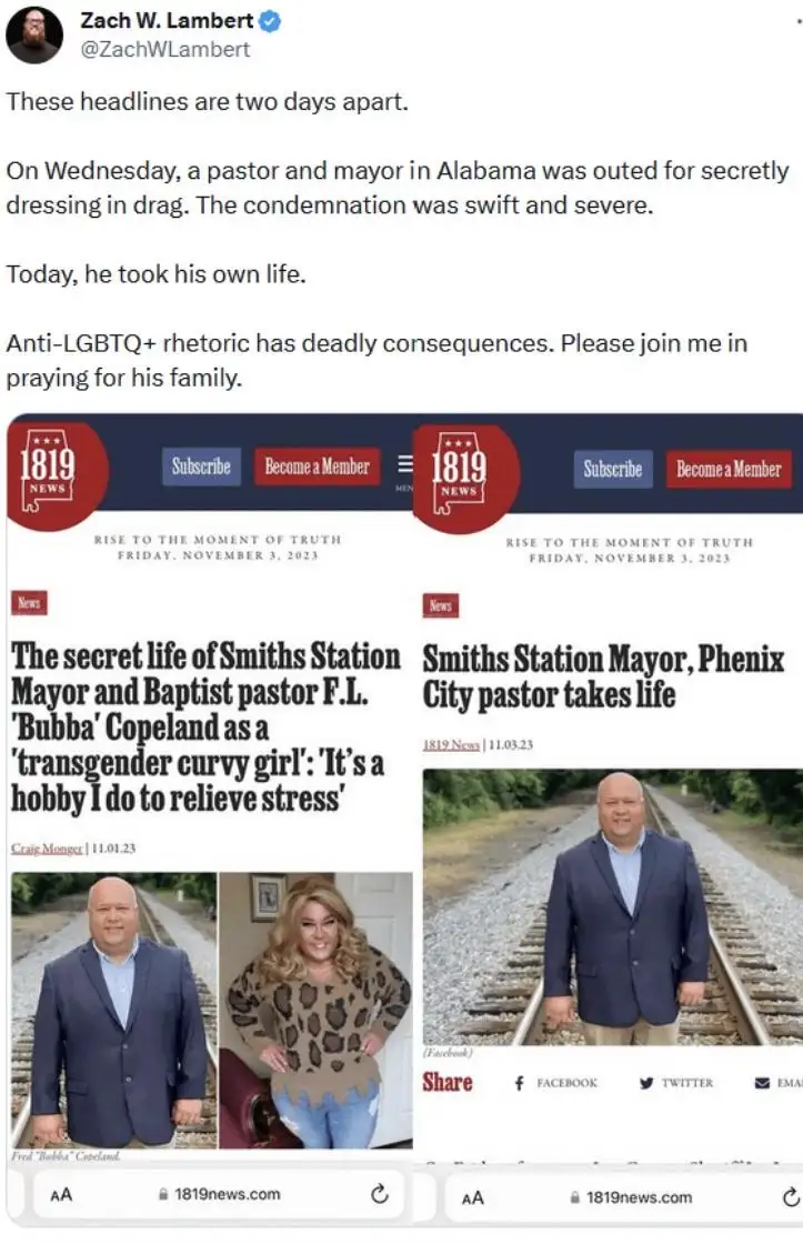 A screenshot of a tweet by Zach W. Lambert showing two adjacent news headlines from 1819 News dated November 3, 2023. The…