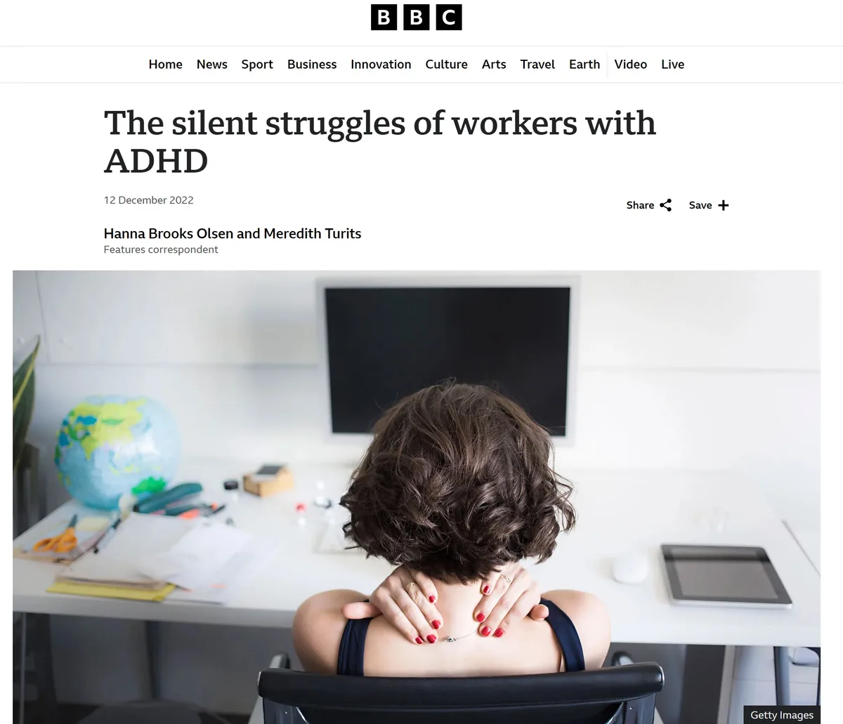 A screenshot of a BBC article titled 'The silent struggles of workers with ADHD' shows a woman from behind, sitting at a…