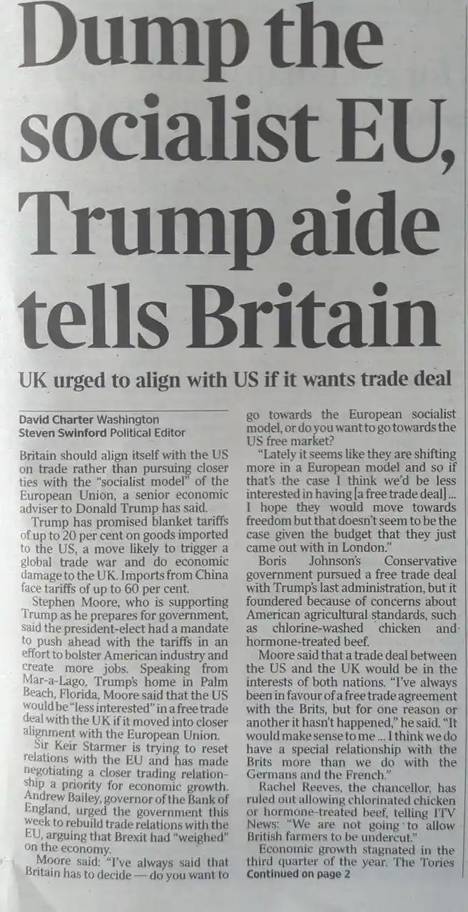 A newspaper clipping with the headline 'Dump the socialist EU, Trump aide tells Britain' and subheading 'UK urged to align…
