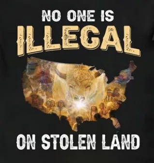 A black t-shirt graphic shows a stylized map of the United States filled with Indigenous people and animals, overlaid with…