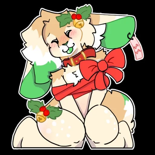 A cartoon bunny with light brown and white fur is dressed in festive holiday attire, including a red bow tie, green…