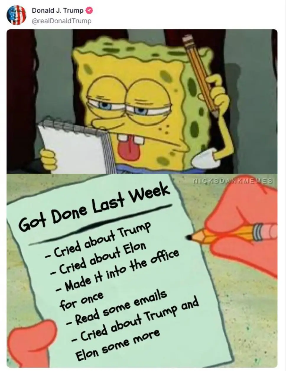 The image shows SpongeBob SquarePants looking tired and stressed while holding a pencil and a notepad. The notepad lists…