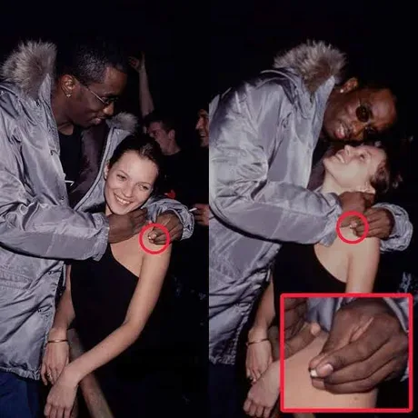 Two side-by-side photos show a man in a silver jacket leaning in close to a woman in a black top. In the left photo, he's…