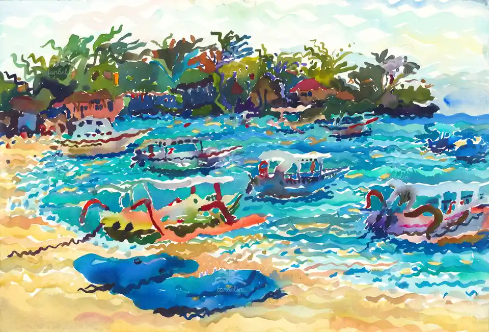 A colorful watercolor painting depicts a beach scene with abstract waves, a distant shoreline with houses, and a blue…