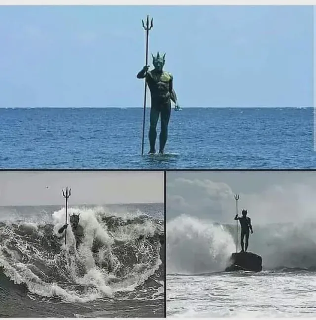A three-panel meme showing a statue of a mythological sea god holding a trident. The top panel shows the statue standing…