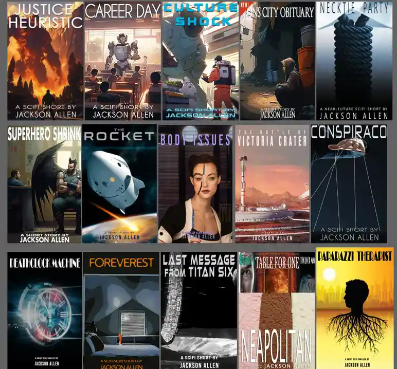 A grid of ten sci-fi short story covers by Jackson Allen, each with a unique title and artwork, including 'Justice…