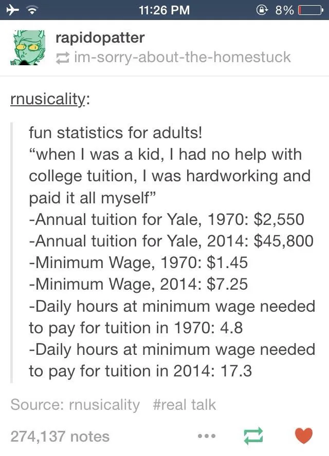 A screenshot of a Tumblr post by 'rapidopatter' showing a Reddit user 'rnuicality' sharing statistics comparing Yale tuition…