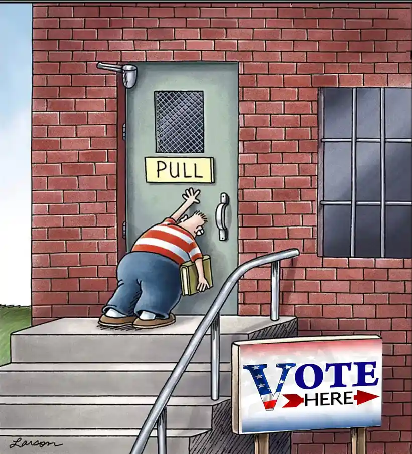 A cartoon man in a red and white striped shirt and blue pants is on the steps of a brick building, reaching up to pull a…